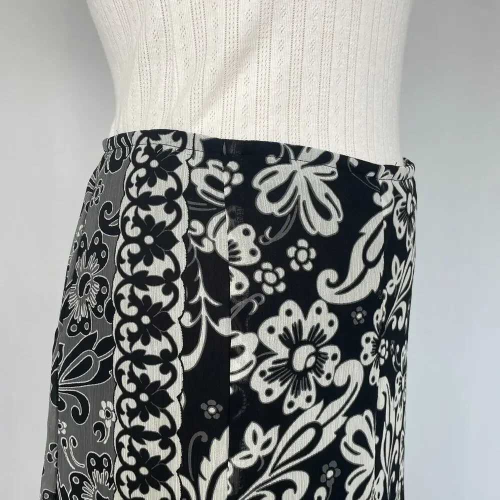 Y2K Midi Skirt Size 12 Black Gray Floral Boho Flare Chiffon Fairy Whimsigoth Vtg